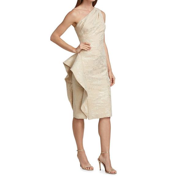 Teri Jon by Rickie Freeman
One-Shoulder Jacquard Rouched Side-Peplum Dress - Picture 2 of 9